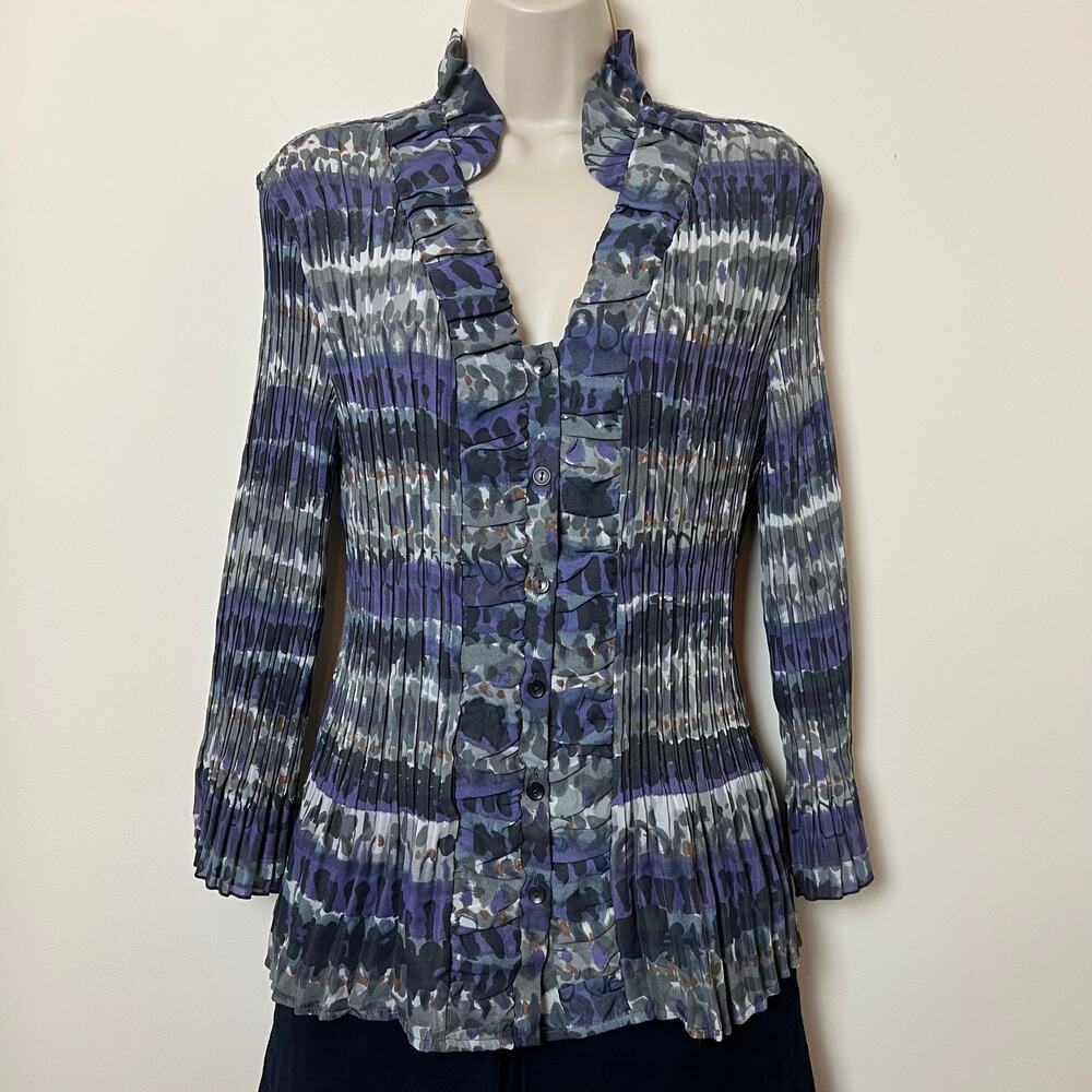 Tie Dye Watercolor Ruffle High Collar Stretch Blouse Large Button Up Top